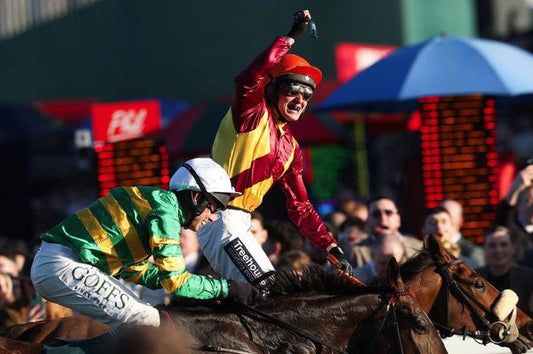 Winning Amateur Jockey Henry Crow winning at Cheltenham & Aintree in Treehouse racing equipment!