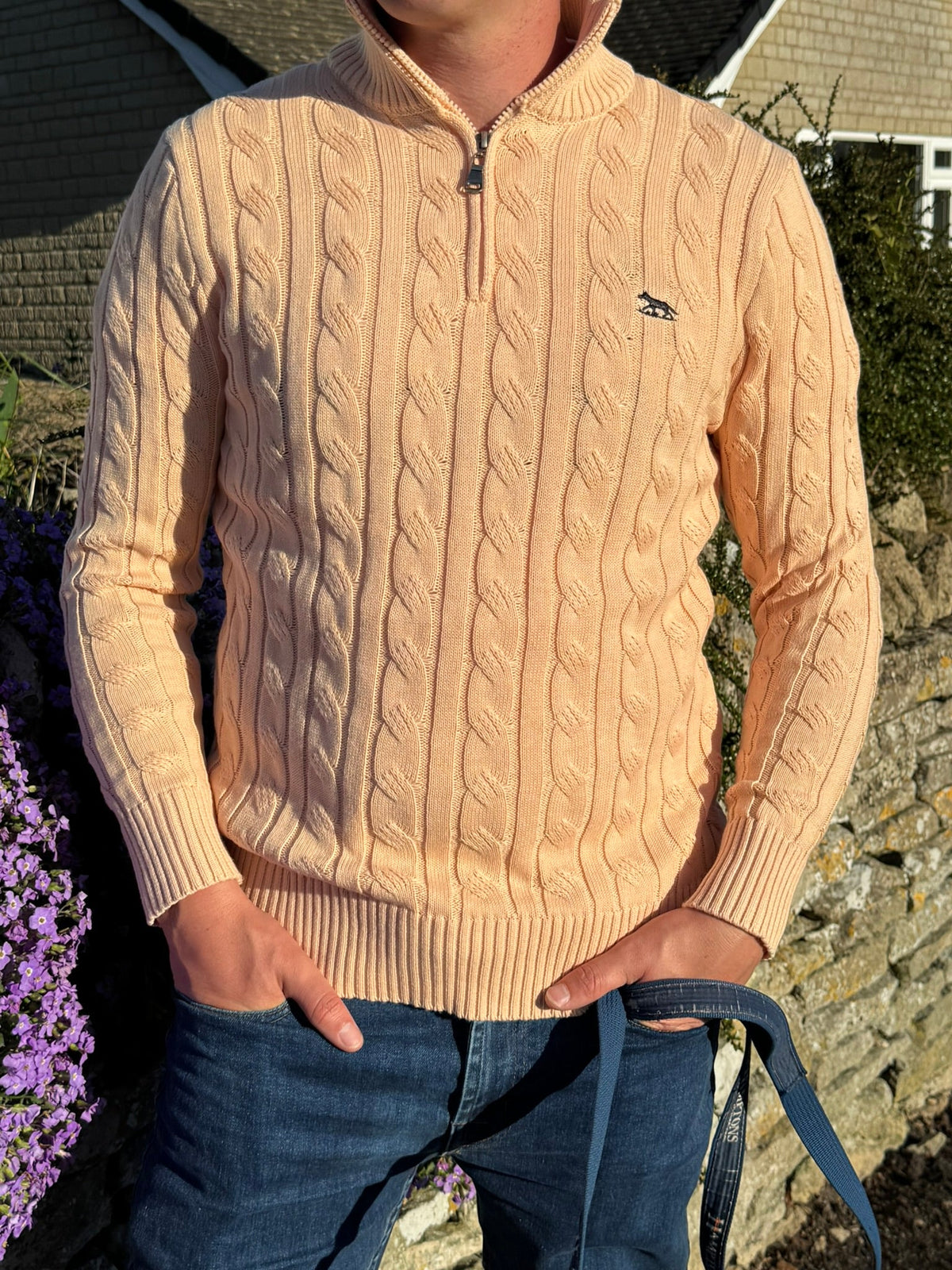 Men's Peach Hudson Bay Cable Knit Quarter Zip