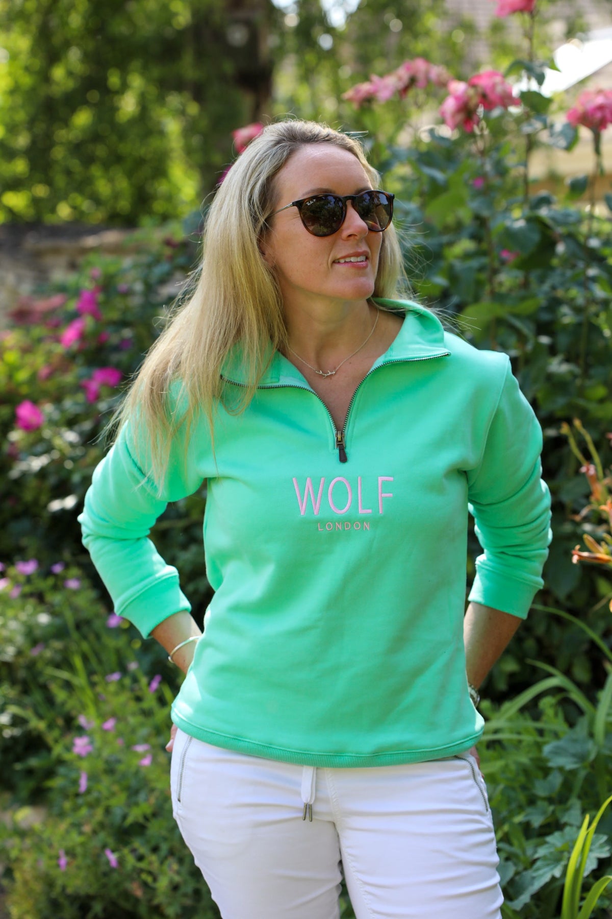 Women's Mint Green Minchinhampton Quarter Zip with Pink Embroidery