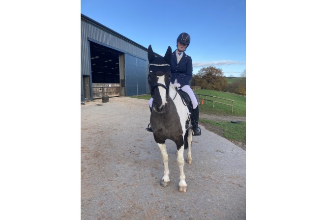 Katherine and her rising 6 year old at his first British Dressage show qualifying for the petplan area festivals.