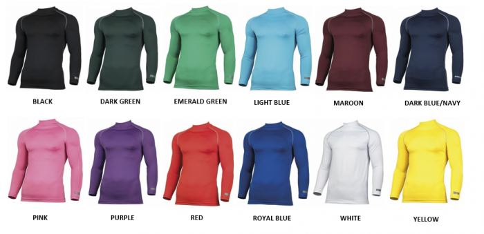 Base Layer Colours. Left to right: Black, Dark Green, Emerald Green, LIght Blue, Maroon, Navy, Pink, Purple, Red, Royal Blue, White, Yellow.