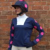 Dark blue event shirt with cerise large multi spots and silk cap with cerise spots pom.