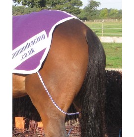 A fillet string in purple and white, shown with a purple melton rug and paddock sheet patch.
