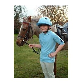 Jane in a light blue polo shirt with dark blue star design and matching lycra hat cover.