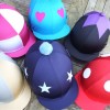 Standard Lycra Caps:Gold/grey segments, dark blue/light blue stars and pom, red/white spots (large) and pom, Cerise/white check (large), Kingfisher/cerise love hearts, black/purple star top