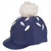 Navy Feathers &amp; Faux Fur Pom Lycra Hat Cover 