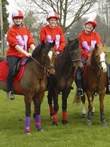 Hereford &amp; Worcester Mounted Games team Hereford and Worcester Mounted Games team in red and mauve bespoke sweatshirts and matching lycra caps