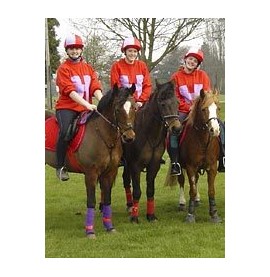 Hereford & Worcester Mounted Games team Hereford and Worcester Mounted Games team in red and mauve bespoke sweatshirts and matching lycra caps